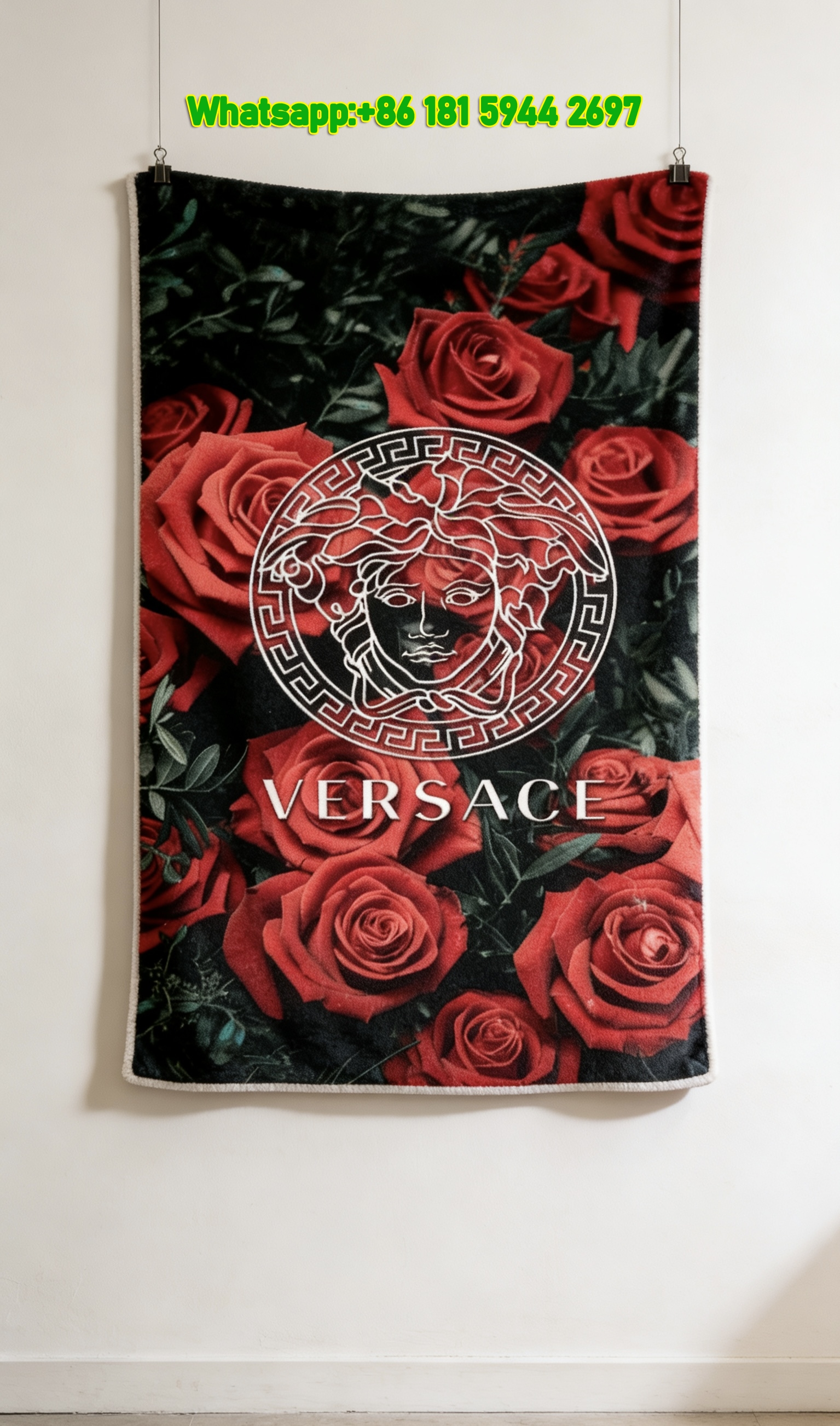 Versace Red Rose Medusa Greek Key Logo Printed Flannel Throw Blanket IMG_1284